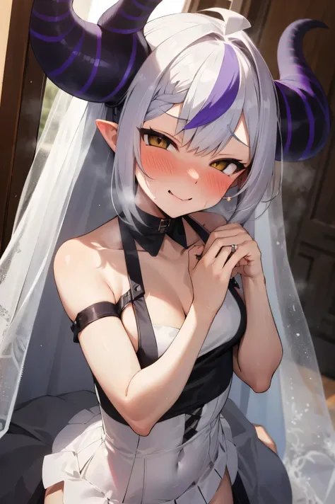 NSFW,masterpiece,Best Quality, Hi-Res, very detailed, Laplace Darkness , long hair,Small breasts, oversized ,fine wedding dresses, white miniskirt ,(Embarrassed:1.3),Cheating, Wedding Style