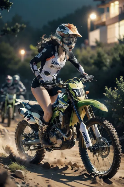 yamaha xt250, motocross race, cute girl, brown skin, abs, night riding, motocross wear, motocross boots, driving with dust rolle...