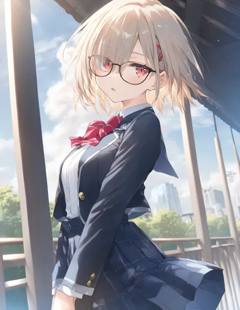 1girl, little female, school uniform, short hair, beautiful breasts, glasses, jitome, open mouth, outdoors,wind, game CG break,((artist:shida_kazuhiro)),(artist:mitsumi_misato),(artist:fujiyama),,(masterpiece), (best quality), (ultra-detailed), very aesthe...