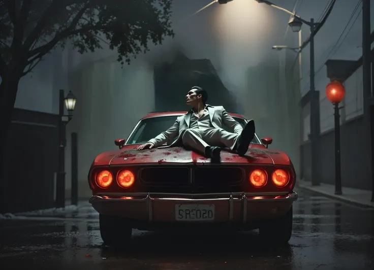 This red blood stained old vintage muscle car parked under a creepy vintage street light with red flashing headlights parked at a old London street parking alone...under intense heavy rain and red flashing headlights make the rain drops visible 