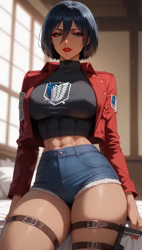  perfect eyes、 perfectly sexy face、ultra detailed、 Mikasa Ackerman、Attack on Titan、shiny hair、( Big breasts ), black shirt、black jacket、Tight Waist、thin waist、 dark blue denim shorts、 Thigh straps 、 glowing skin、 tanned skin 、Beleza、erotic、Red Eyeliner、 re...