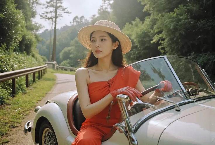 A woman driving a 1954 Jaguar Roadster. The womans face is that of a very pretty Korean girl. The glamorous woman is wearing a red dress and a travel hat. Her car is driving on the road.