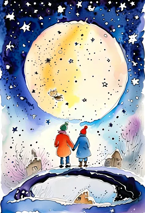  Quentin Blake Style Photos  、 Love-Filled Illustrations 、Lovers looking up at the winter night sky、Lovers looking up at the winter night sky with a starry sky at the center of the picture 、Best Quality、masterpiece、 several people having fun with each othe...