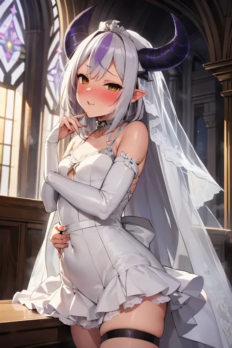 NSFW,masterpiece,Best Quality, Hi-Res, very detailed, Laplace Darkness , long hair,Small breasts,(fine wedding dresses:1.3), white miniskirt , garter strap,(Embarrassed:1.3),Cheating, Wedding Style,Church at night, moonlight,cross,(Kissing a man:1.3),Put y...