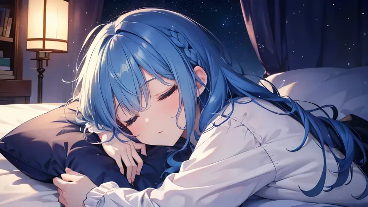 sleep(must-have items:1.2,  high quality ),mysterious,amazing starry night々shine,  natural scenery  , blue hair,young,cute,sleep...