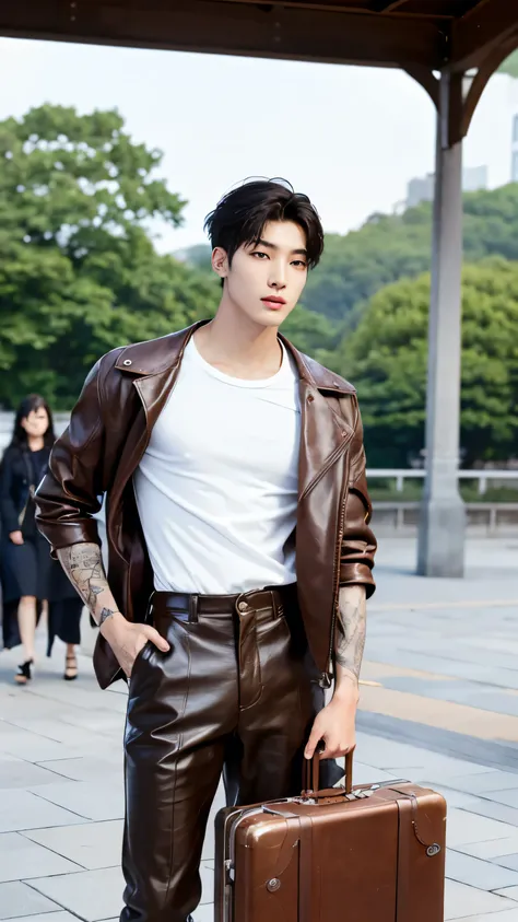 wonoo seventeen,a young, athletic korean male model in his mid-20s with short, styled black hair that is slightly tousled. his f...