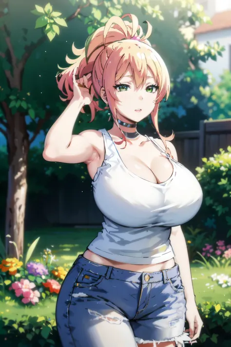 blonde hair, very huge tits  , ((white tank top, short jeans pants)), ((thick, busty)), green eyes, ponytail hair, upperbody, sm...