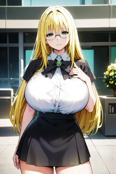 blonde hair, (((very huge tits)))  , ((black office suite, skirt , glasses)), thick, ((busty)), green eyes,  long hair, upperbod...