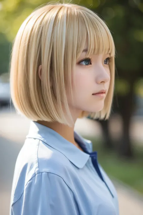 high school student,blonde hair,bob hair,blunt bangs,wavy hair,looking away