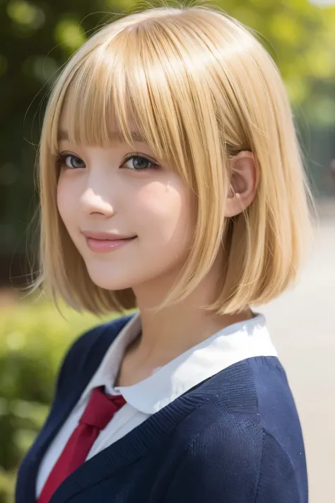 high school student,blonde hair,bob hair,blunt bangs,wavy hair,looking away,smile