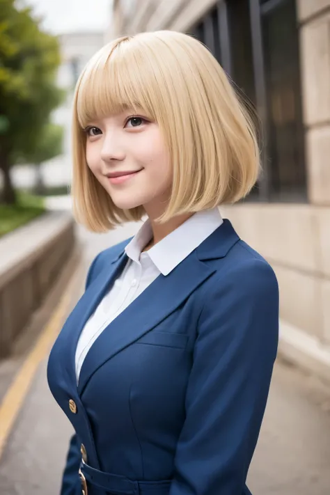 high school student,blonde hair,bob hair,blunt bangs,wavy hair,looking away,smile,big breasts