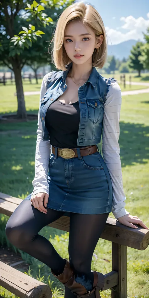 Android 18, Light Blonde hair, Medium Bob hair, Blue eyes, Wearing earrings, Long sleeves with black stripes on a white background, Blue denim mini vest, Blue denim mini skirt, The denim skirts zipper seam line and stitching run vertically straight to the ...