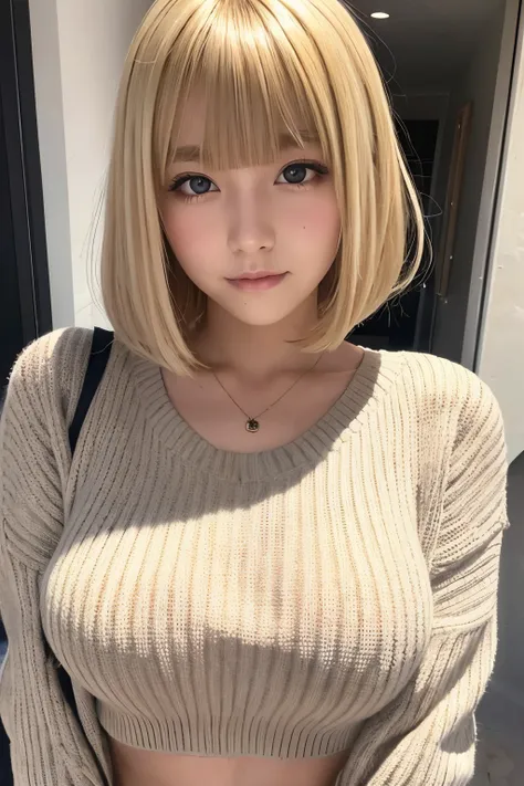 high school student,blonde hair,bob hair,blunt bangs,wavy hair,big breasts,sweater