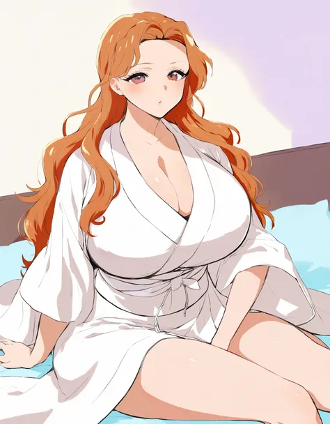 1 girl,  is sitting on the bed, in a robe, Rengiku Matsumoto, 