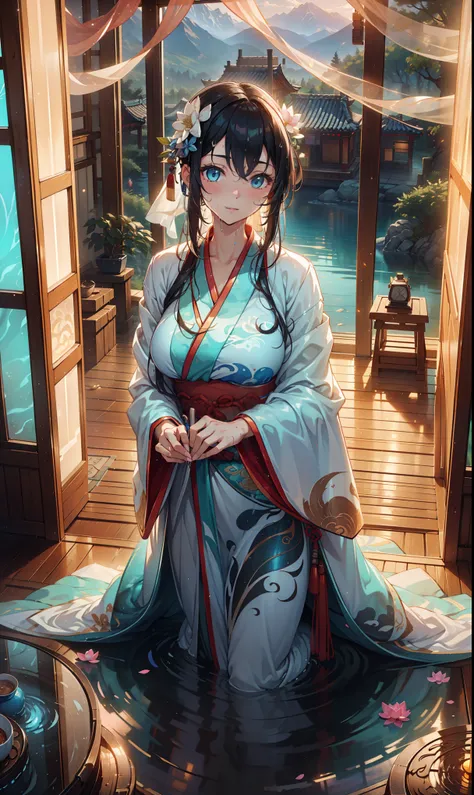   Best Quality , masterpiece,   high resolution  ,,   1 girl at home ,  ， detailed facial  ,  There are mountains and rivers outside the window, Huge window ，night,  lotus, blue fluorescent lamp，Wet person， rich in detail  , (White Hanfu:1.2), (  beautiful...