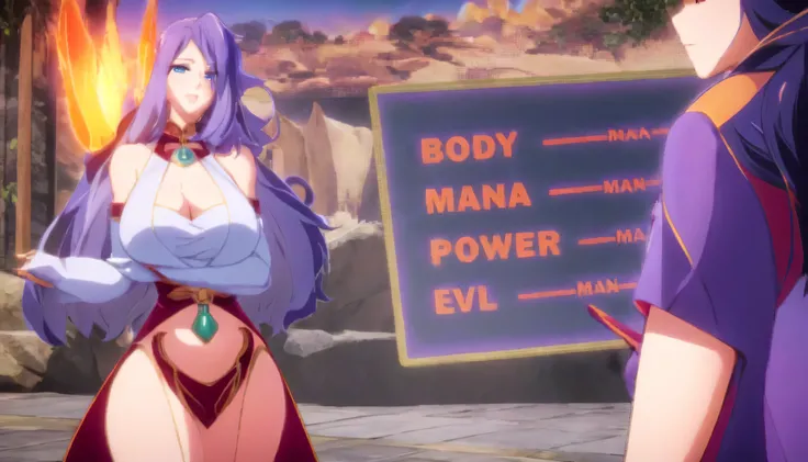 anime characters are standing in front of a sign with the words body mana power evil, most strongest pose, main character, oppai proportions, full character body, character selection screen, game screen, woman body, powerful and huge, game interface, cell ...