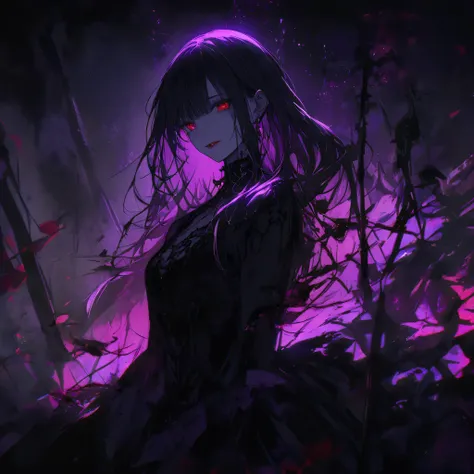 （dark atmosphere，gothic fashion，bright colors），（best quality，Super exquisite，），Sexy goth Vampire girl，In the rose garden at night，Beautiful and delicate eyes，Straight black ponytail with blue tips，Crow feathers，red lipstick，mysterious smile，Pale complexion...