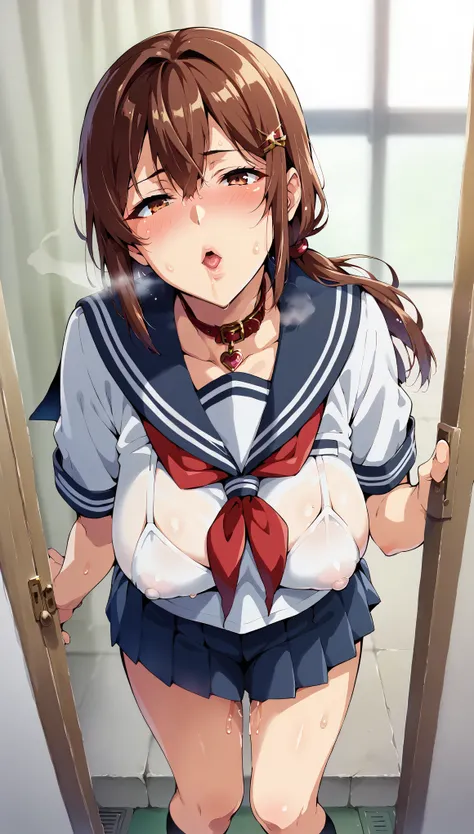 score_9,score_8_up,score_7_up,ultra detailed,absolutely resolution, 32k,masterpiece,best quality,ultra HD quality,detailed beautiful face and eyes, Takeda Hiromitsu, beautiful girl,brown hair,low ponytail,center part,hairpin,blush,orgasm,imminent kiss,coll...