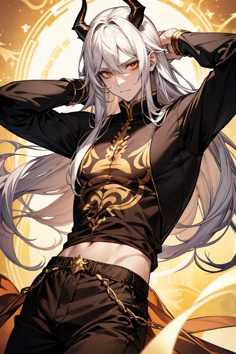 Beautiful, One, 1 Male, demon horns,  long hair ,  white hair, golden eyes,  black long-sleeved loose-fitting tank top, tucked into brown loose pants  ,anime art, Beautiful Body,  pretty face ,  high detail, 8 k,  detailed arms ,  correct anatomy 