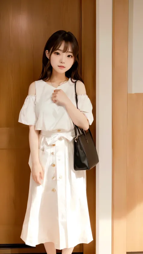  there is a woman standing in front of a door with a bag on her shoulder,  her wardrobe is charming , Cute Korean Actresses,  Live-action film, Wears long tight clothes , innocent face like a girl),  movie scene, ((( she has an awkward expression ))),  wea...