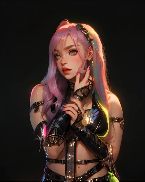 araffe woman with pink hair and leather outfit posing for a picture, cl, portrait of jossi of blackpink, asuka, mika kurai demon, japanese cyborg, yami kawaii, marin kitagawa, sakimichan, belle delphine, portrait of a female anime hero, glam metal hair, as...