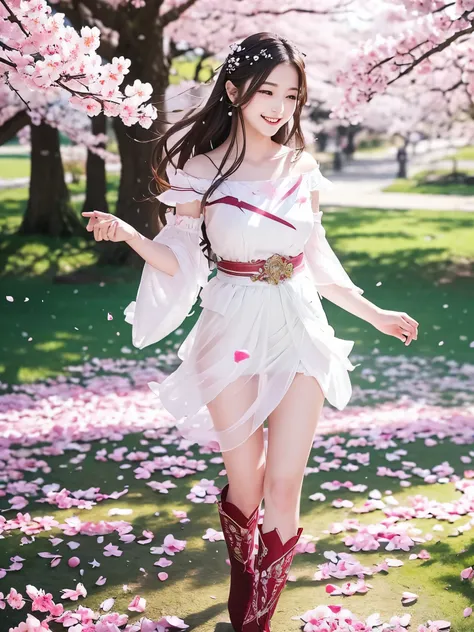 Best Quality　masterpiece　 Details　 super beautiful woman with lots of petals scattered on the ground is smiling, wearing a miniskirt in a white dress, walking where lots of cherry blossom petals are fluttering down　Photo style　 imaginary　 dramatic producti...