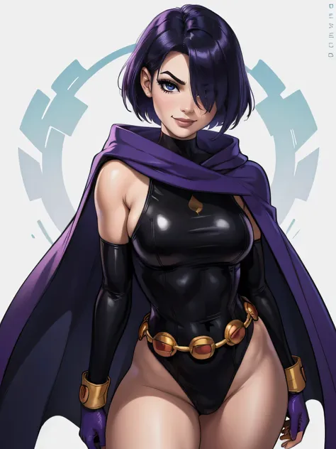 Raven 1girl, solo, long hair, looking at viewer, purple short hair, purple eyes, smile, , bangs, breasts, simple,  fang, bare shoulders, scar, bare shoulders, closed mouth, hair over one eye, portrait, hair over shoulder, legs, golden belt seductive, black...