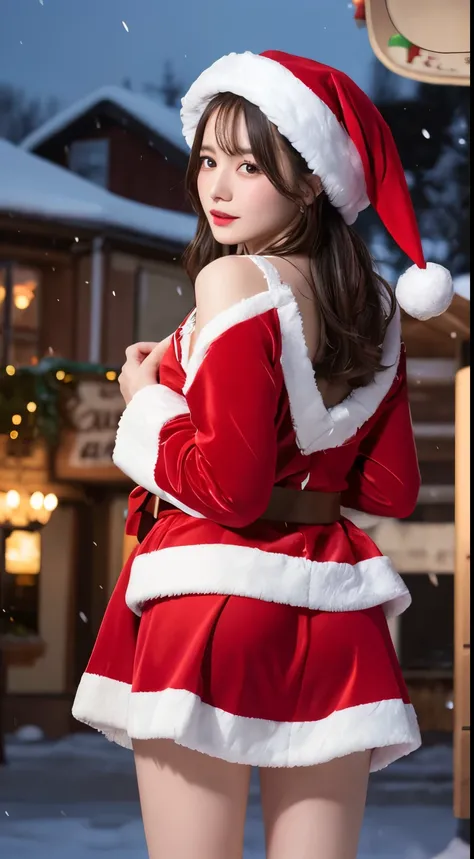 masterpiece, Best Quality, shape, Very    Details,    Details, Highest resolution 8k wallpaper,   perfect dynamic configuration ,    beautiful details ,    natural lips,  Santa Claus Costume ,  mini skirt
 , whole body, Snow Night Town  ,   Christmas，  G-s...