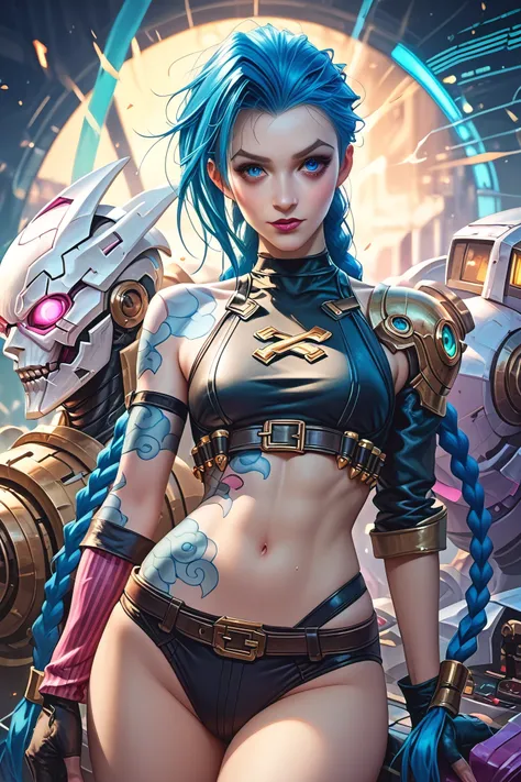 a futuristic jinx from league of legends arcane, female warrior, a mask front of her half face, (finely detailed leather), pale ...