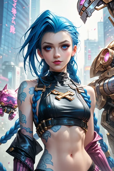 a futuristic jinx from league of legends arcane, female warrior, a mask front of her half face, (finely detailed leather), pale ...