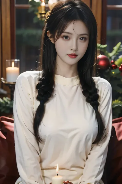 xxmix_girl,a woman with long hair wears a light-colored sweater,holding a candle in his hand,looking at the camera,christmas atm...