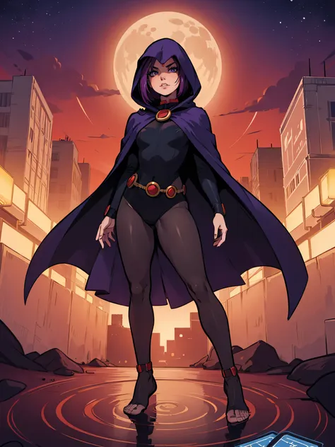 ((photo by full body, standing, feet on the ground))illustration of raven from dc comics, 1 girl, raven, high collar, collant pr...