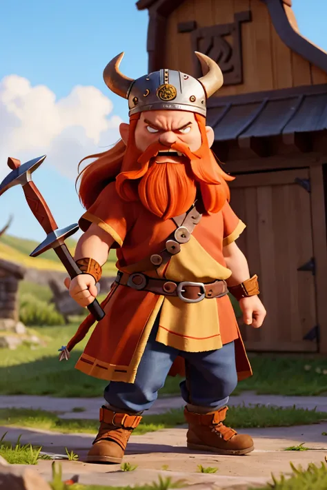 Angry viking with orange hair and beard, wearing a viking helmet