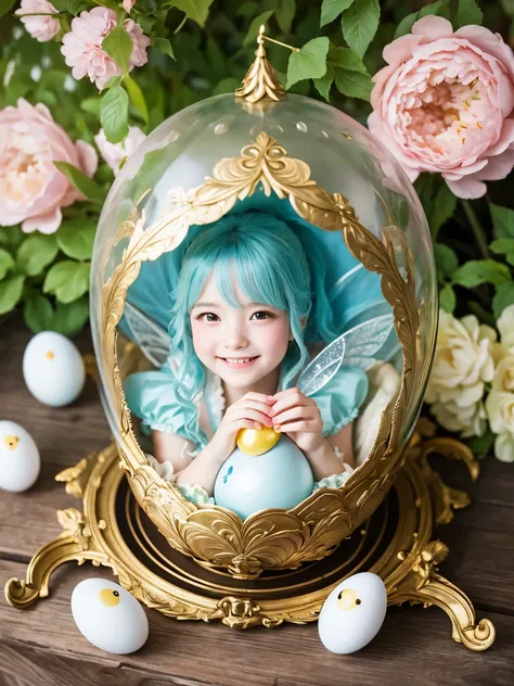 Best Quality　masterpiece　 Details　The egg broke and a super cute girl came out of the inside with a smile　Photo style　 fairy tale　 imaginary　 fantasy