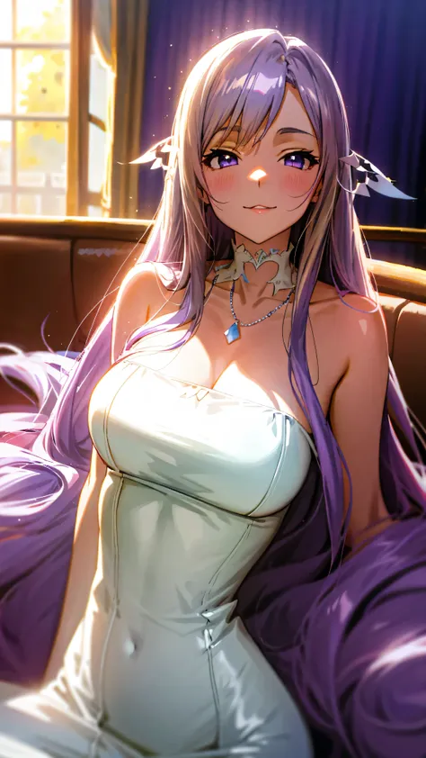 kawaii, A sexy,  Best Quality,Beautiful, Anime style, Dynamic Angle, Upper body,  full body focus, Western-style room, sofa, morning, Cute  s, 1girl in, Solo,  Beautiful light brown hair, beautiful purple beautiful eyes,  Long hair, Transparent hair, trans...