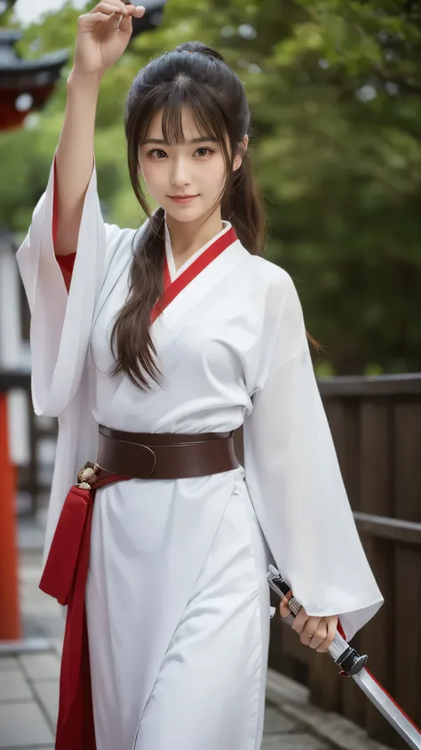 (8k, Photo quality), ( beautiful Japanese women , ), A kendo practitioner wields a sword, (A beautiful red belt,  white kimono), ( model body type , Long legs), (Right arm forward , Put your left foot forward  ), (  dark brown long hair  ,  ponytails),  De...