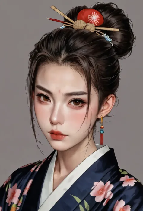 1 Girl,Asia, dark hair ,Brown background, brown eyes ,Shut up,forehead, grey background,Hair Bun,Headdress,Hairpin,Japanese clothing,kimono,Lips,looking at viewer,nose, actual , simple background , alone, upper body,v