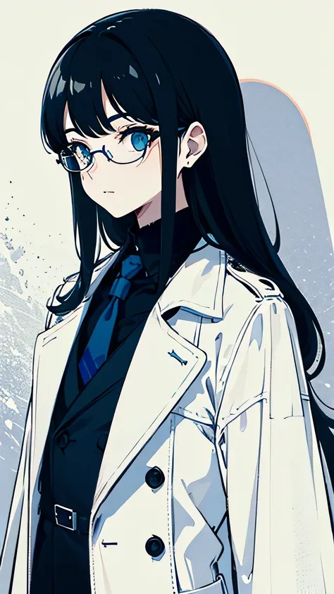 White trench coat，eye glass，tmasterpiece，blue and black tones，