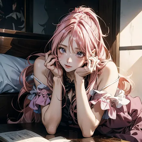 anime girl  with pink hair sitting on the floor in front of a table, anime image of a woman lying in bed with a 、ino, pixiv,  re...