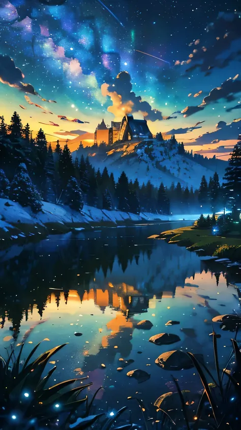 Anime scenery 
BREAK (masterpiece, best quality:1.2), outdoors, nature, forest, pines, grass, tall grass, detailed grass, plants, clouds, milky way, maple trees,  farm landscape, valleys , night sky, night time, castle, snow, winter
