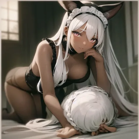 anime,chocolate dark-skinned female,cat ears wearing a lingerie, Eye color is amber ,Background inside the mansion,The composition is stylish. A close-up, low-angle view of a young maid kneeling on the floor, looking directly into the camera with a soft, c...