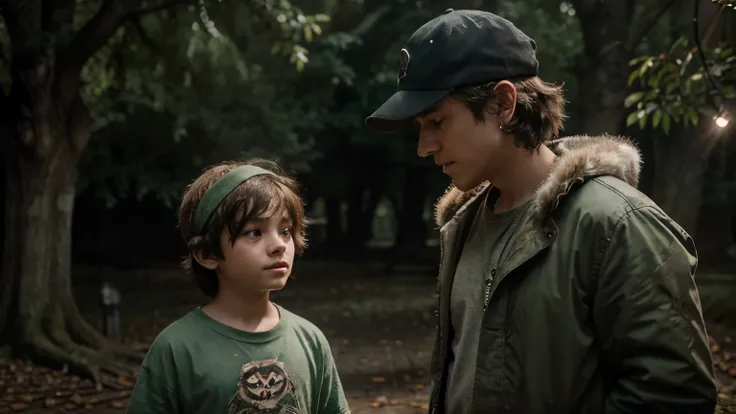 "Create a scene of a young boy with messy hair and a worn-out cap, standing beside a raccoon with a bushy tail, both looking up at a massive, ancient oak tree with glowing green light seeping from its roots, as a wise owl watches them intently from a low b...