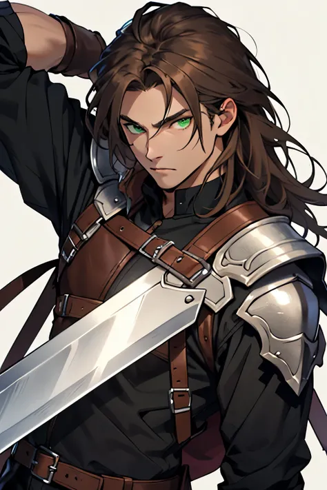 In a 2d , Create a white role-playing warrior with long brown hair at shoulder height, green eyes, 1,85m, wearing a leather outfit with brown colors ,  Black and White ,  and holding a sword resting on his shoulder