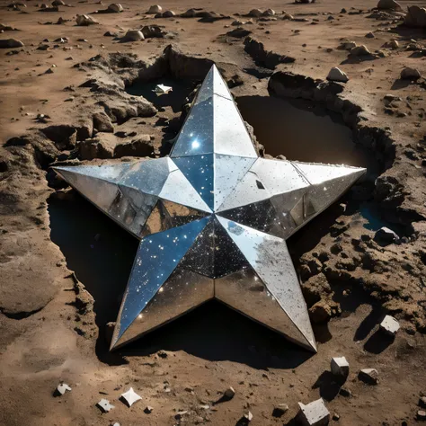 there is a star shaped mirror on the ground, giant star, made out of shiny white metal, star inside, rugged | stars, star roof, made out of shiny silver, michilin star, star in the sky, star sharpness, archeological find, inspired by Storm Thorgerson, coll...