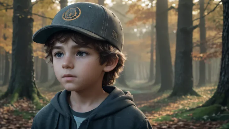 a young boy with messy hair, worn-out cap, bushy tail, autumn forest, wise owl, (best quality,4k,8k,highres,masterpiece:1.2),ultra-detailed,(realistic,photorealistic,photo-realistic:1.37),detailed portrait,cinematic lighting,vibrant colors,dramatic shadows...