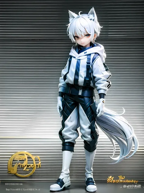 Game CG， 8K quality ，((one boy))，hood ， anime male protagonist ，Wolf ears，Tail，Slim，white & blue multicolored hair，Handsome face, sparkling eyes , doyagao ,(goggles ON HEAD)，racing jumpsuit，white gloves，white boots ，(Full body)  ，looking to the side ，from ...