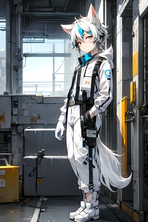 Game CG， 8K quality ，((one boy))，hood ， anime male protagonist ，Wolf ears，Tail，Slim，white & blue multicolored hair，Handsome face, sparkling eyes , doyagao ,(goggles ON HEAD)，racing jumpsuit，white gloves，white boots ，(Full body)  ，looking to the side ，from ...