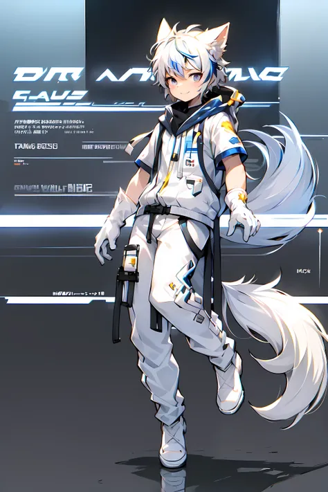 Game CG， 8K quality ，((one boy))，hood ， anime male protagonist ，Wolf ears，Tail，Slim，white & blue multicolored hair，Handsome face, sparkling eyes , doyagao ,(goggles ON HEAD)，racing jumpsuit，white gloves，white boots ，(Full body)  ，looking to the side ，from ...