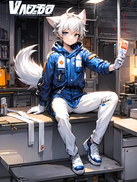 Game CG， 8K quality ，((one boy))，hood ， anime male protagonist ，Wolf ears，Slim，white & blue multicolored hair，Handsome face, sparkling eyes , doyagao ,(goggles ON HEAD)，racing jumpsuit，white gloves，white boots ，(Full body)  ，sitting ，spread legs ，claw pose...