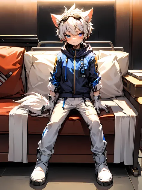 Game CG， 8K quality ，((one boy))，hood ， anime male protagonist ，Wolf ears，Slim，white & blue multicolored hair，Handsome face, sparkling eyes , doyagao ,(goggles ON HEAD)，racing jumpsuit，white gloves，white boots ，(Full body)  ，sitting ，spread legs ，claw pose...